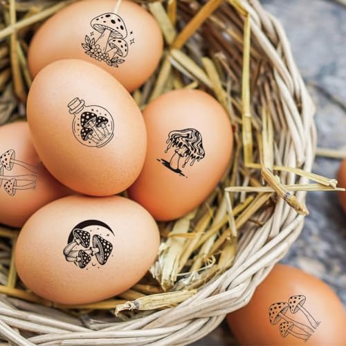 AHANDMAKER 5 Styles Egg Stamps, Cartoon Mushroom Pattern Mini Wooden Rubber Stamp for Fresh Eggs Unique Designs Egg Drawing Stamps for Eggs Famers and Chicken Owners Scrapbooking Card(No Ink Include) - style: Mushroom
