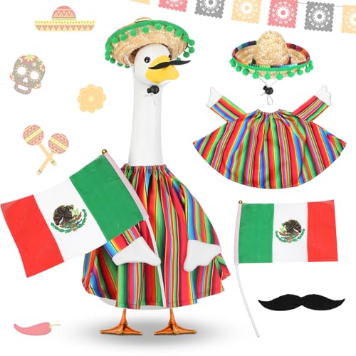 Abbylike Cinco De Mayo Porch Goose Outfit 4 Pcs Mexican Fiesta Yard Goose Costume for 23 Inch Cement Porch Geese, with Sombrero Beard Flag for Outdoor Garden Patio Statue Decor - style: Mexican Fiesta Beard