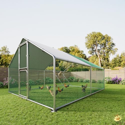 Chicken Run Large Walk in Chicken Coop with Roosting Perch Metal Chick Cage | Outdoor Chicken House with Waterproof Cover Security Lock and Split Door for Farm, Yard, Backyard 10x13 FT - color: Metallic, size: 159.0"L x 119.0"W x 79.0"H