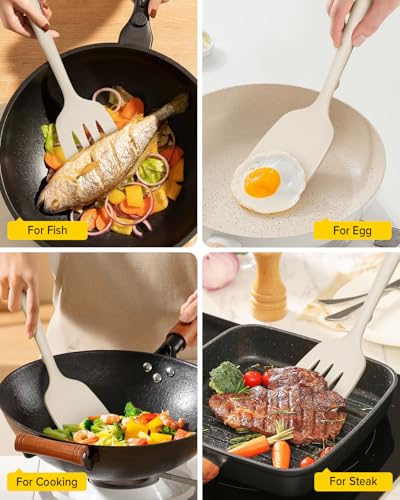 Pack of 2 Silicone Spatula Turners, Non Stick Slotted Kitchen Spatula Set, Heat Resistant BPA Free Kitchen Utensils, One-Piece Design, Suitable for Flipping Fish, Eggs, Steak, Pancakes(KHAKI) - color: Khaki