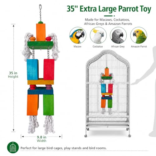 35.5" Extra Large Parrot Toys - Oversized Giant Wood Block Chew Foraging Toys for Macaws, African Grey, Amazon Parrots - Ready-to-Use Large Bird Cage Decor Gift - size: 35.5"