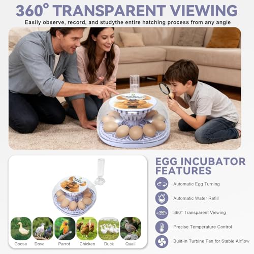 Gen I - 12 Egg Automatic Incubator, Steady Humidity with Auto-Refill, Stable Temp Control, Auto Egg Turning, Candler, Real-Time Display for Hatching Chicken, Goose, Duck, Quail, Pigeon, and Turkey - size: 12 egg-white