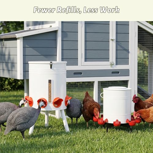 KOL 50 LB Chicken Feeder & 3 Gallon Chicken Waterer Set, All-Metal No-Waste Poultry Feeder & Automatic Gravity Waterer with 8 Ports & 8 Cups Chicken Coop Accessories