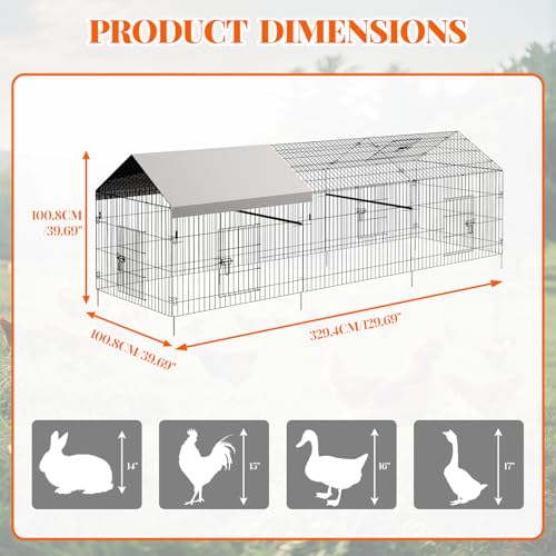 GarveeTech Chicken Coop Metal, 86 Inch & 130 Inch Length Portable Chicken Run with 4-Door, Waterproof & UV Resistant Cover, Large Multi-Pet Outdoor Cage, Duck Houses for Outside Farm Backyard - size: 130"L × 40"W × 40"H