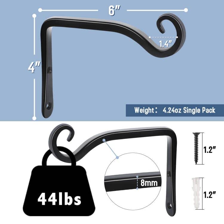 Heavy Duty Plant Hooks - 2 Pack 6 Inch Wall Mounted Hanging Brackets, 44lb Capacity Steel Plant Hangers for Bird Feeders, Baskets, Wind Chimes - Black - color: Black-L, size: 6 Inch
