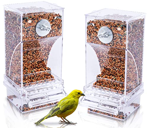 Hamiledyi No Mess Bird Cage Feeder 2Pack Automatic Parrot Seed Feeders with Perch Acrylic Transparent Seed Food Container Cage Accessories for Small and Medium Lovebirds Parakeets - color: Transparent + Perch - 2 Pcs