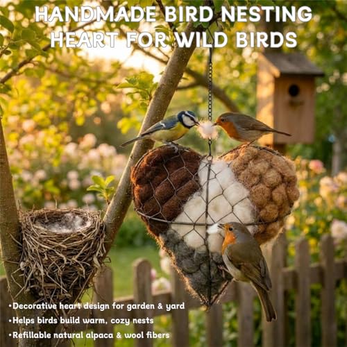 Handmade Alpaca Fiber Bird Nesting Heart, Heart-Shaped Hummingbird nest that can be Filled with Nesting Material, Winter Tree Shelter for Wild Bird, Bird's Nest Material Storage Box