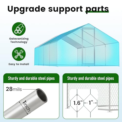 CHIKENCOOP 26x9.8x6.5 ft Metal Chicken Coop, Chicken Run with Cover | Four-room walk-in chicken run with waterproof UV-resistant spire roof cover, lockable steel door, and PVC-coated mesh. - size: 318.0"L x 118.0"W x 80.0"H