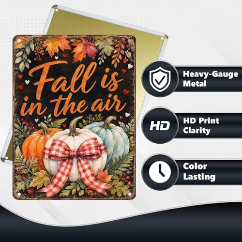 Fall Is In The Air Pumpkin Gingham Bow Tin Sign Rustic Autumn Wall Decor for Entryway Porch Kitchen Dining Room Living Room and Farmhouse Home Decor 16 * 12In - color: Vintage Thanksgiving Tin Sign 20, size: 30X40cm(12*16in)