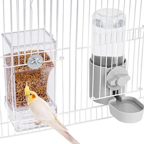 lemtrflo No Mess Bird Feeder Water Dispenser Set, Bird Feeder for Cage | Cage Accessories for Parrot, Finches, Budgies and Canaries - color: grey