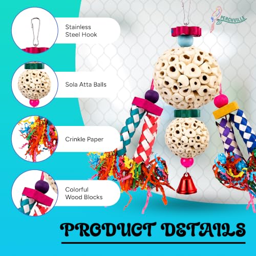 Multi-Texture Bird Parrot Shredding Foraging Hanging Toy with Natural Sola Balls, Chew Shredding Paper Forage Toys, Bamboo Finger Traps for Birds Large Parrots, Conures, and Cockatiels