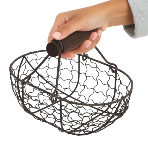 Metal Wire Egg Basket for Gathering Fresh Eggs, 7 inch Rustic Egg Collecting Basket with Wooden Handles, Farmhouse Easter Kitchen Decor, Black Wire (Capacity: 10-12 Eggs)