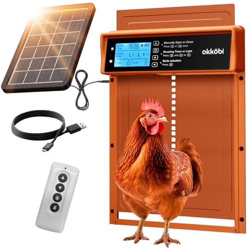 Okkobi Automatic Chicken Coop Door Solar Powered - LCD Display - Chicken Coop Door with Remote Control, Light Sensor & Timer - Security & Peace of Mind: Anti-Pinch function - 5-Year Protection - Brown - color: Brown