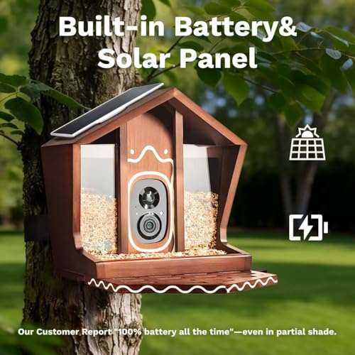 Smart Bird Feeder with Camera Solar Powered 2K UHD Video | AI Identification 10,000+ Bird Live Instant Arrival Alerts and Real-Time Motion Detection Weatherproof Bamboo for Outdoor - color: Brown and White