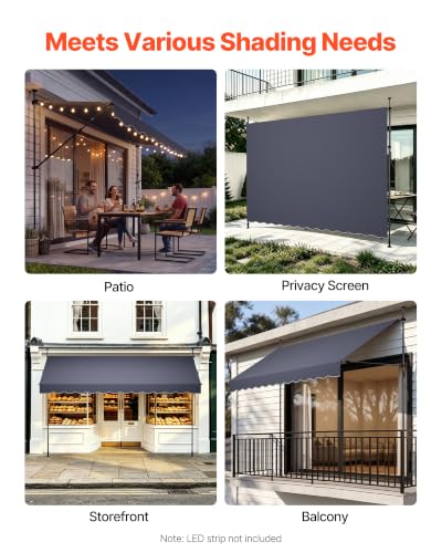 VEVOR Manual Retractable Awning, 138" x 59" Outdoor Patio Awnings Sunshade Shelter with 43"-59" Retractable Side Bar, No Drill Height Adjustable, Crank Handle for Backyard, Balcony, Dark Gray - size: 138x59 in