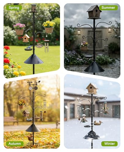 Heavy Duty Bird Feeder Pole Shepherds Hooks Squirrel Proof for Outdoor | Adjustable Heavy Duty Birdhouse Pole Smart Feeder Stand with 4 Hooks 9 Prongs Base Squirrel Baffle for Hanging Plant Garden - size: 93inch