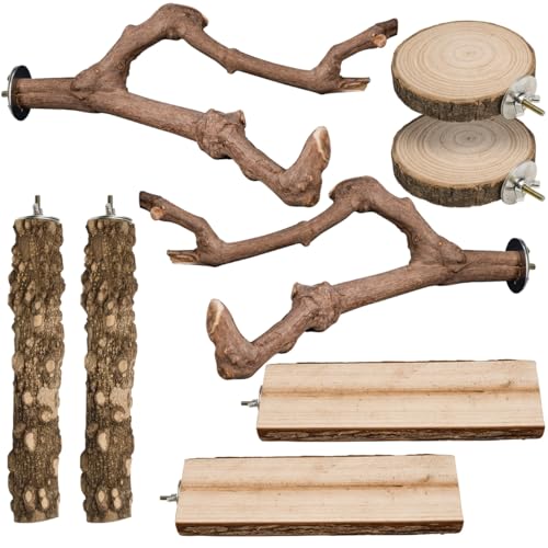 8pcs Brid Perch Bird Cage Accessories 2 Natural Grape Stick Paw Grinding Fork 6 Parrot Stand Bird Toys for Parakeets, Cockatiels, Conure, Budgies