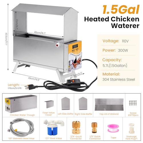 1.5 Gallon Heated Chicken Waterer Freeze Proof for Winter | Automatic Chicken Water Heater Poultry Drinker Watering System, With Control Panel, Adjustable Leg, Thermostatic Control