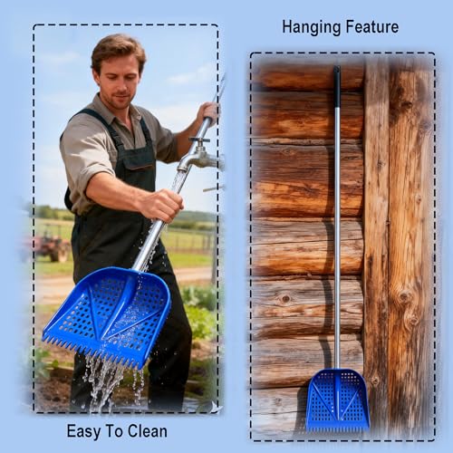 11.8inch Heavy Large 2-in-1 Chicken Poop Scooper & Rake,Adjustable Aluminum Handle（20–61"） Chicken Coop Scoop– Litter Scoop Sand & Sifting Shovel for Chicken Coops Shoveling Snow(Green) - color: Green