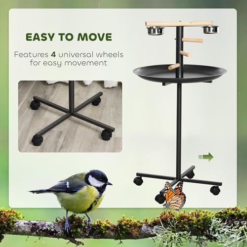 PawHut Bird Play Stand, Portable Parrot Perch, Bird Feeder Station, with Four Wheels, Stainless Steel Feeding Bowls, Round Tray, Grey | Bird Feeder Station, Stainless Steel Feeding Bowls