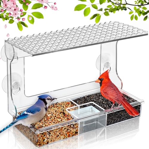 Gbekery Window Bird Feeder for Viewing with Suction Cups & Detachable Tray | Clear Acrylic Window-Mounted Feeder, Removable Separate Seed & Water Tray with Drainage Holes, Ideal Gift for Bird Watchers