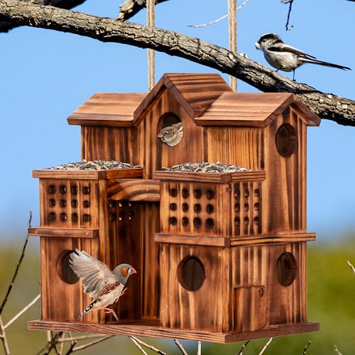 MIXUMON 8-Room Wooden Bird House with 2 Front Feeders – Large Outdoor Birdhouse for Multiple Birds, 1.57” Entrance Holes, Easy Access Cleaning Doors, Rustic Burnt Wood Design for Garden, Yard & Patio