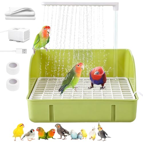 Automatic Bird Bath, Parrots Bath Shower with USB Pump with Regulating Water Valve, Parrot Bathtub , Large Bird Fountain, Filter Sponges & Circulating Water, for African Grey, Cockatiel, Conure(Green)