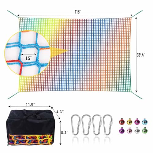 Climbing Net for Kids - 3.3FT x 9.9FT Double Layers Heavy Duty Playground Safety Net, Climbing Cargo Net for Tree House Tree Fort, Back Yard, Jungle Gyms, Monkey Bar Security Mesh（Rainbow） - color: Rainbow, size: 3.3' x 9.9'