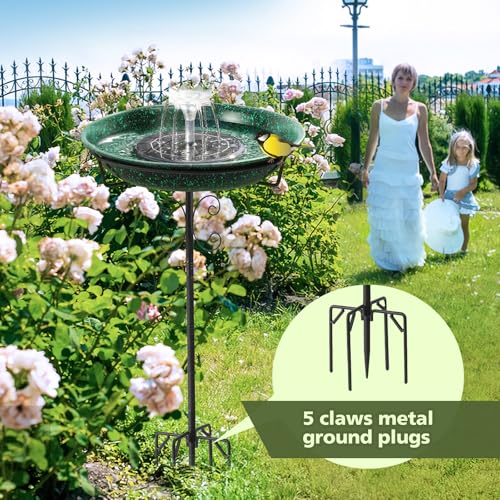 Solar Fountain Bird Bath for Outside Garden Decor,All Metal Hummingbird Bath & Crow Feeder with 5-Prong Base,Standing Bird Feeder for Backyard Birding & Wildlife,Copper Green