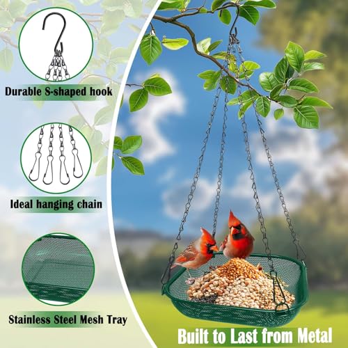 Hanging Platform Bird Feeder, 11 in Square, Green | Stainless Steel Mesh Seed Tray, Backyard & Patio, Outdoor Use - color: Green - Square