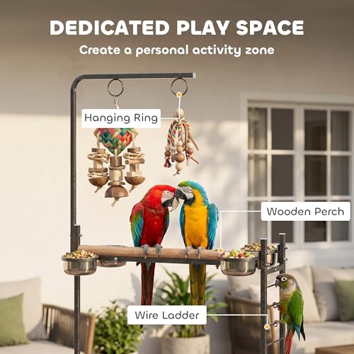 PawHut Bird Stand Parrot Stand with Wheels Wooden Perch Ladder Dark Gray | Stainless Steel Bowls, Slide-out Tray, for Indoor Outdoor Use, for Budgies, Parakeets