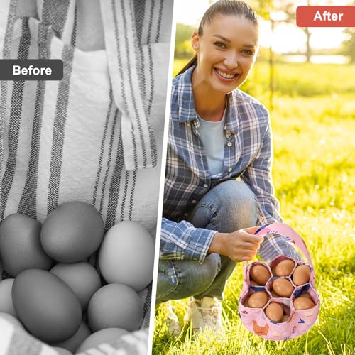 Egg Collecting Basket, Canvas Egg Basket for Gathering Fresh Eggs | Egg Basket for Gathering with 7 Pouches for Chicken, Duck, Goose, Bird, Various Poultry Collection (Cartoon Chicken Style 1) - style: Cartoon Chicken Style 1