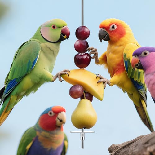 3Pcs Parrot Fruit Stick Feeder Fruit Vegetable Treats Skewer Bird Cage Stainless Steel Food Holder for Hanging Bird Foraging Toys for Macaw Parakeet Budgie (3 Sizes)
