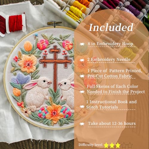 FONNUY Easter Rabbit Floral Cross Embroidery Kit, Easter Egg Happy Rabbits Bunny Stamped Pattern Kits for Audlt Beginners, Hand Works Crafts, 8 x 8'' (Happy Bunny 04) - color: Happy Bunny 04