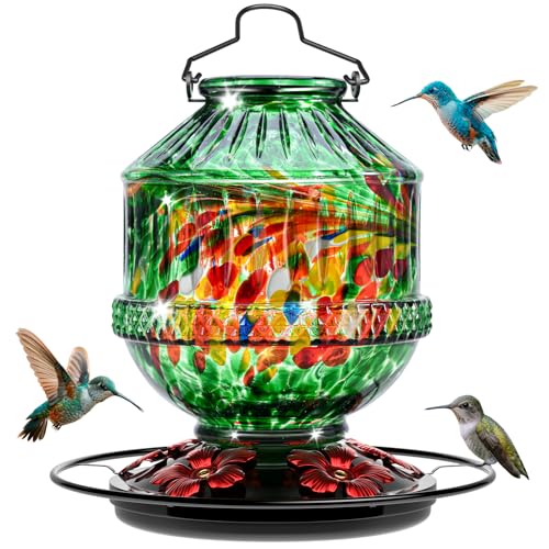 Hand Blown Glass Hummingbird Feeders for Outdoors, 25 Ounces Wild Bird Nectar Feeder with Perch & 5 Flower Feeding Ports Leak Proof Hanging for Garden Backyard Decor, Gifts for Women Mom, Green - color: Phoenix Green