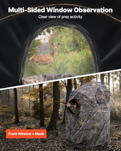 VEVOR Hunting Blind，See Through Ground Blinds with Carrying Bag, 360 Degree Portable Camouflage Tent，Durable Concealed Shelter with Silent Side Door and Window, for Turkey and Deer - size: Single Person