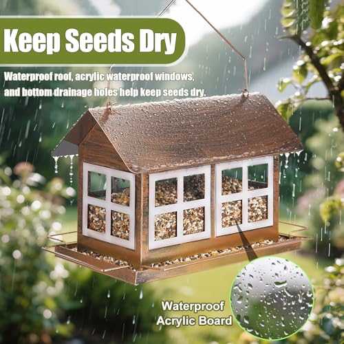 Bird Feeder, Waterproof Bird Feeders for Outdoor Hanging | Heavy Duty Metal, 6LB Large Capacity, 4 Perches, Drain Holes, For Outside Garden Yard Country Hanging, House Shape - size: Horizontal