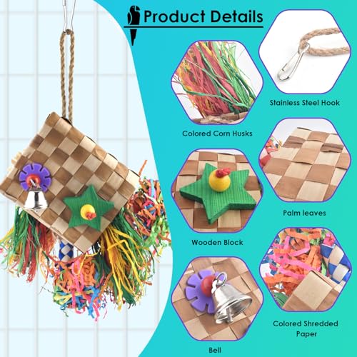 Bissap Bird Chew Toys, Parrot Foraging Shredder Natural Palm Frond Hanging Cage Toy for Conure Lovebird Budgie Cockatiel African Gray Cockatoos Amazon and Similar Sized Pet Birds - Flat Square - style: Flat Square
