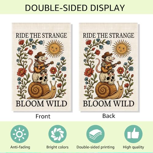 RZHV Ride The Strange Bloom Wild Double-Sided Garden Flag for Outdoor House Yard Sign Garden Decor Parade, Funny Opossum Snail Flowers Home Outdoor Banner Decoration, Motivational Lawn Patio Yard Sign - color: Bloom Wild