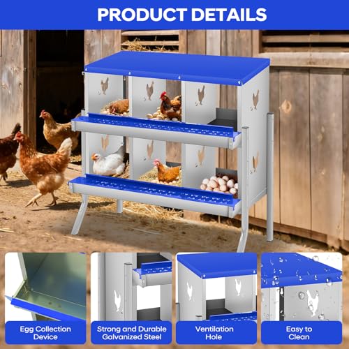 GarveeLife Chicken Nesting Box, 6 Compartments Nesting Box for Chickens, Two-Tier Galvanized Steel Chicken Egg Laying Box with Large Vented Holes Wall Mounting for Easy Egg Collection - color: Blue | 6 Compartments