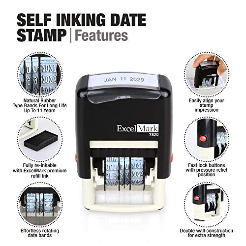 ExcelMark 7820 Self-Inking Rubber Date Stamp – Great for Shipping, Receiving, Expiration and Due Dates (Red Ink) - color: Red Ink
