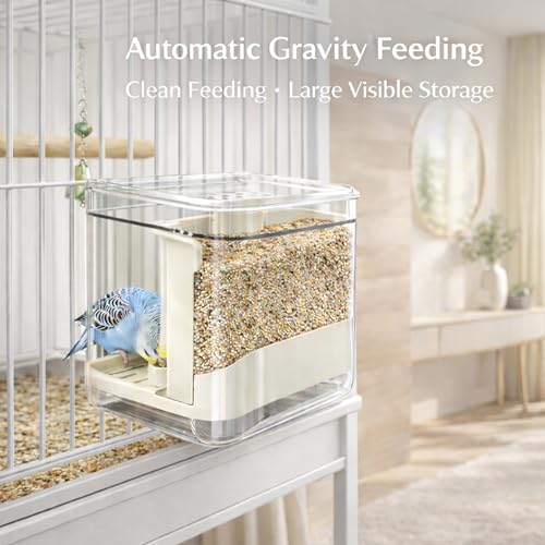 No Mess Bird Feeder for Cage Automatic Bird Seed Feeder | Seed Cube for Bird Cage with Perch & Transparent Food Container Parakeet Cage Accessorie for Parrots Budgies Lovebirds Canary