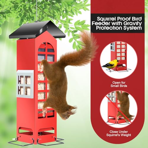 Bird Feeders Squirrel Proof for Outdoor Hanging Wild Bird Feeders with Weight Activated Ports,Metal Cardinal Tube Birdhouse Finch Seed Feeder,Large 2.5LB Capacity for Chickadee Blue Jay Woodpecker - color: Red