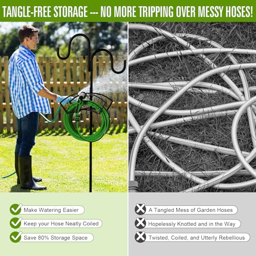 Garden Hose Holder, Upgraded Water Hose Holder, 2-in-1 Heavy Duty Hose Stand, 88Inch Freestanding Hose Hanger, Detachable Garden Hose Storage Rack with Adjustable Shepherds Hooks, Bird Feeder Pole
