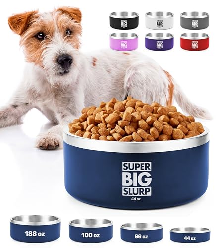Tuff Pupper Heavy Duty Insulated Dog Bowl | Double Wall Stainless Steel Dog Food Dish | Non-Slip Spill Proof Dishwasher Safe Cat Bowl | Water Dish for Feeding Large Medium Small Pets (44oz, Blue) - color: Midnight Blue, size: 44oz
