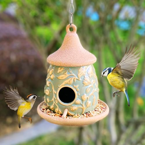 Hanging Bird Houses Ceramic Bird House Feeder with Wooden Pole for Outside Hummingbirds Cardinal Bluebird Nest Birdhouse Pet Cottage for Patio Outdoor Garden Decor