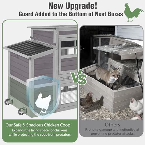 Mobile Chicken Coop with Run, Large Wooden Hen House Poultry Cage with Wheels, Weatherproof Roof, Sectionable Nesting Box, Pull-Out Tray for 3-5 Chickens, 74.9" L x 26" W x 39.4" H (Grey)