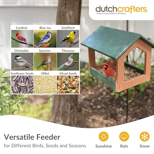 DutchCrafters Amish USA Made Recycled Plastic Large Hanging Modern Fly Through Covered Roof Open Platform Tray Bird Feeder for Outdoors, Garden, Yard (Black & Bright Cedar) - color: Black & Bright Cedar