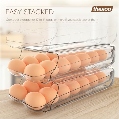 theaoo Egg Holder for Fridge, Automatic Rolling Egg Container, Clear, 2Pack | Quick Removable Inner Tray For Easy Egg Loading. Stackable Egg Dispenser For Refrigerator Storage and Organization - color: Clear, size: Pack of 2
