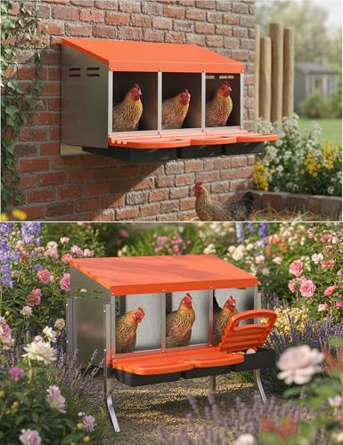 GarveeLife Chicken Nesting Box 3 Hole, Galvanized Steel Nest with Roll Away Egg Collection & Swing Perch, Easy-Clean Laying Box for Hens, Heavy Duty Design for Chicken Coop - color: Orange, size: 3 holes with legs